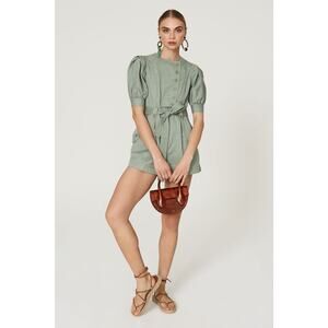 ULLA JOHNSON Sage Green 100% Cotton Short Sleeve Puffed Tied Carmine Romper sz 2